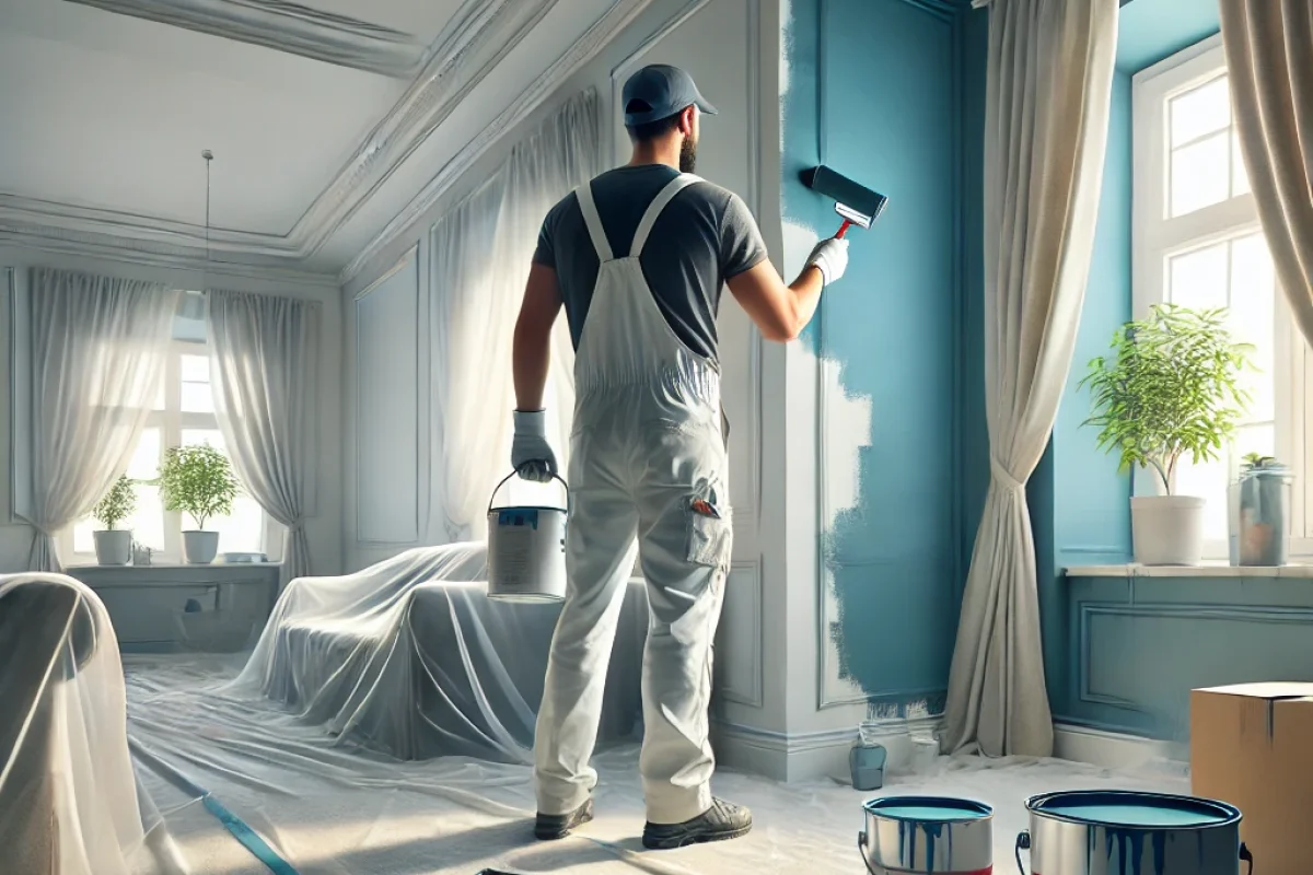 DALL·E 2024-07-18 11.20.53 - A photorealistic stock photo of painting work. The scene shows a professional painter in a uniform painting the interior walls of a room. This time, t