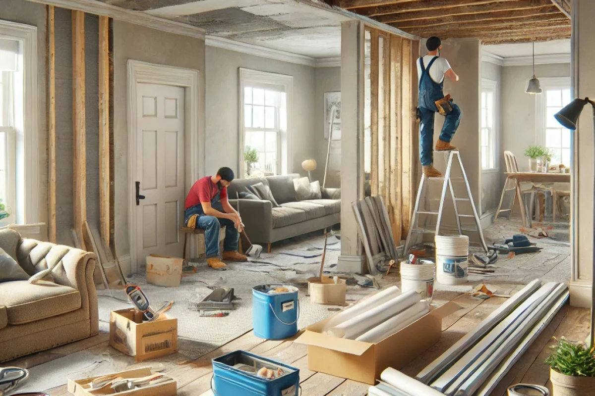 DALL·E 2024-07-18 11.25.59 - A photorealistic stock photo of home renovation. The scene shows a living room under renovation with construction materials and tools scattered around