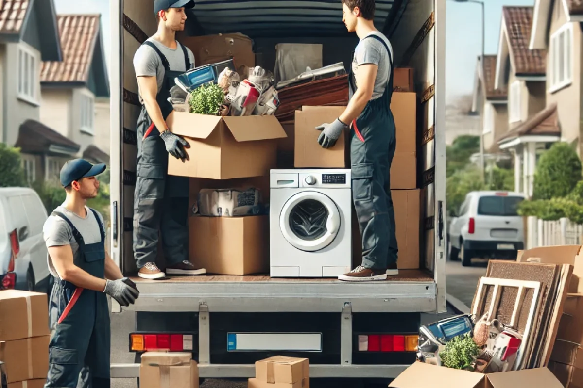 DALL·E 2024-07-18 11.31.02 - A photorealistic stock photo of waste disposal by a moving company. The scene shows movers in uniforms disposing of household items such as old furnit