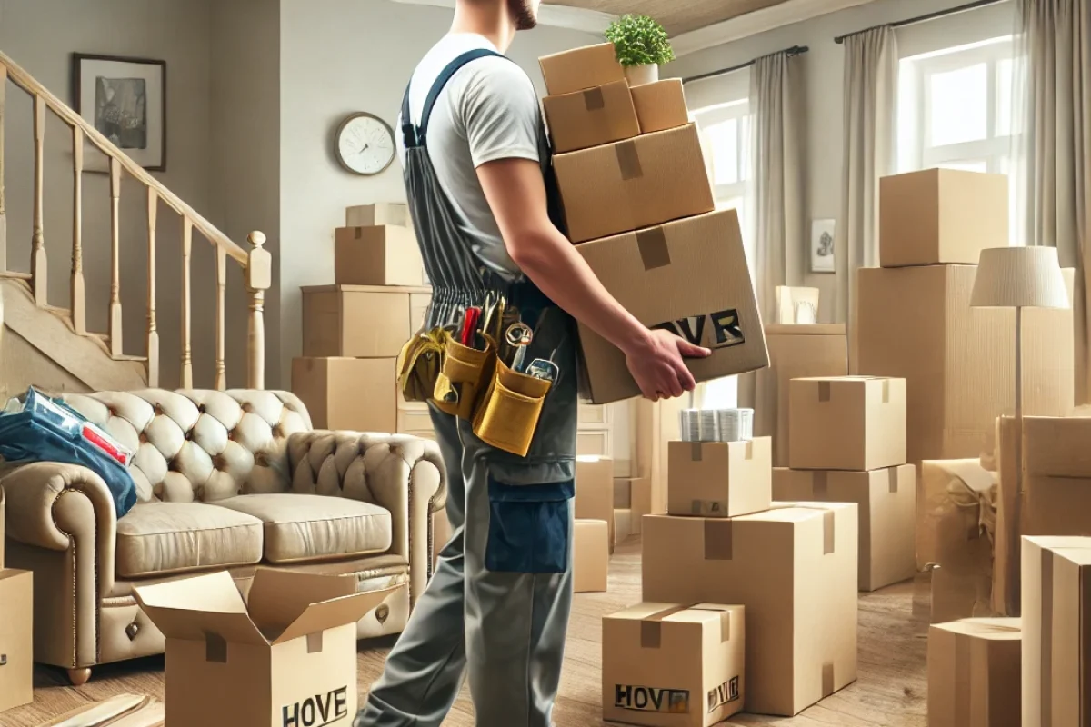 DALL·E 2024-07-18 11.40.31 - A photorealistic stock photo of a house clearance by a moving company. The scene shows a mover in uniform clearing out furniture, boxes, and household