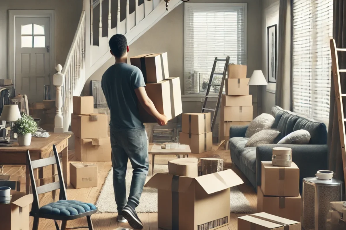 DALL·E 2024-07-18 12.24.37 - A photorealistic stock photo of a private home move. The scene shows a person packing boxes and moving furniture out of a house. The mover is carrying